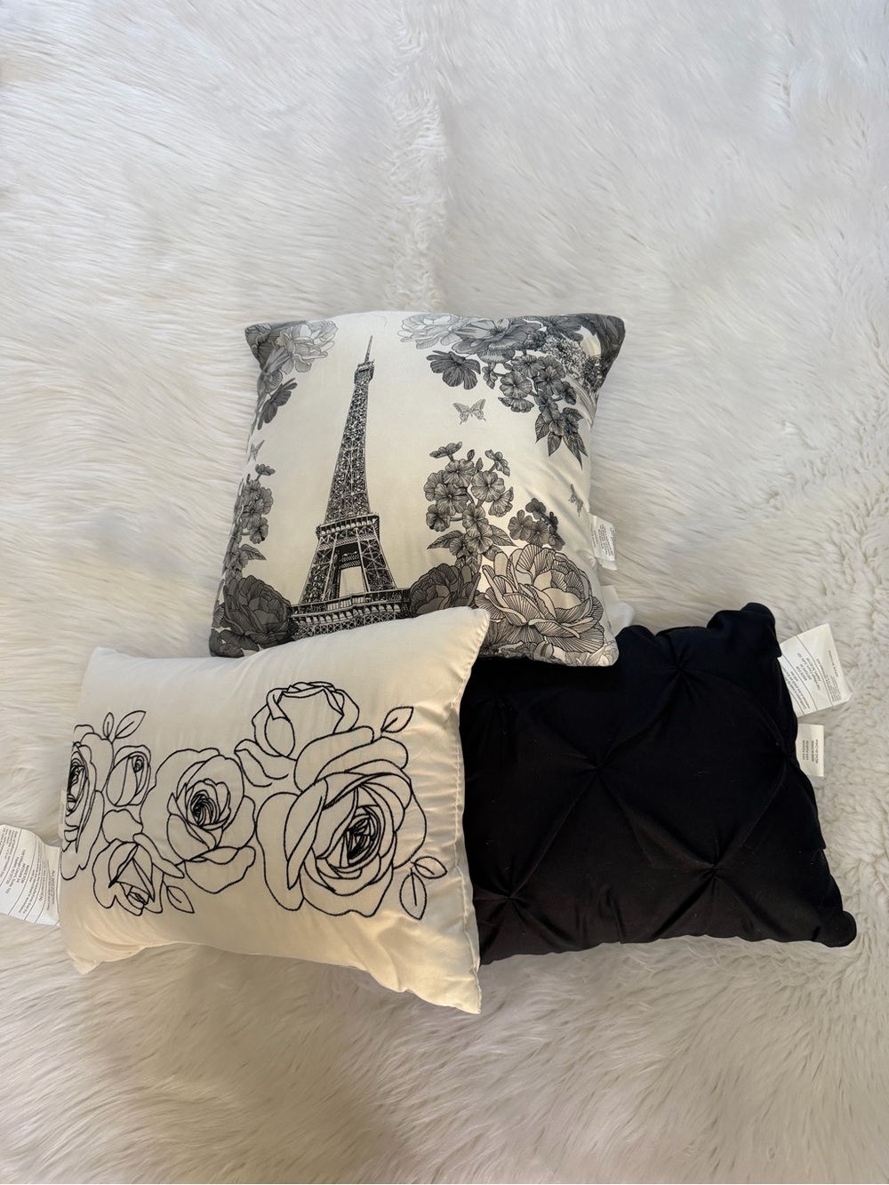 Paris Theme Black and Ivory Floral 3pc Throw Pillow Set